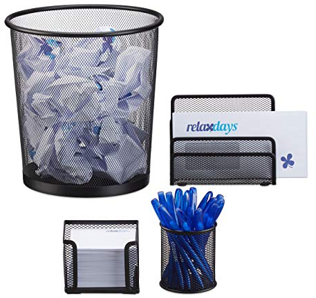 Relaxdays Schreibtisch Organizer 4er Set Metall, Schreibtisch-Set, Ablage, Zettelbox, Stifteköcher, Mülleimer, schwarz
