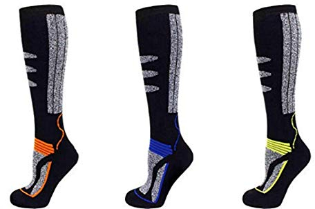 PistenSauser 3 Paar Thermo Kinder Skisocken, Ski Kniestrümpfe mit gepolsterten Funktionsbereichen und zusätzlicher Garantie (Orange/Blau/Gelb, 31-34)