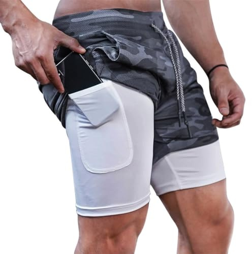 Superora Herr löpning gym 2 i 1 sportshorts andningsbara utomhus träningsshorts med fickor, Grå kamouflage, L