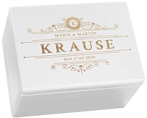 LAUBLUST Holzkiste Personalisiert zur Hochzeit - ca. 40x30x24cm, Weiß, Ranken Gravur | Erinnerungsbox & Geschenkkiste, FSC®