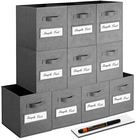 artsdi 11 Inch Storage Cube,Storage bin (Set of 10) Foldable Fabric Cube Storage Bins with 10 Labels Window Cards & a Pen,Baskets Containers for Shelves,Closet Organizers Box for Home & Office,Gray
