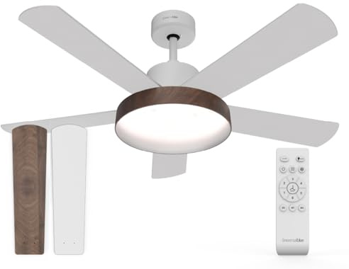 UNIVERSALBLUE Ventilador de Techo con Luz LED Silencioso | Mando a Distancia | 5 Aspas Reversibles | Diámetro 122 cm | Potencia 60 W | Temporizador | Motor DC | 6 Velocidades | Blanco o Madera