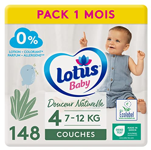 Lotus Baby Douceur & Confort - Couches Taille 4 (7-12 kg) Pack 1 mois - 148 Unité,Blanc