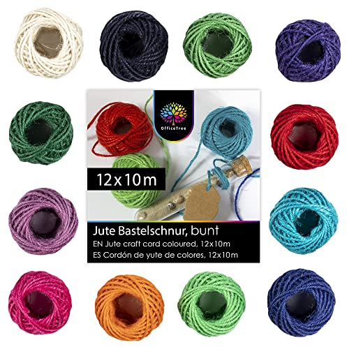 OfficeTree 12 cordoncini colorati – Set di cordoncini colorati – Nastro di iuta colorato – Cordoncino per fai da te, decorazione per la casa o il giardino