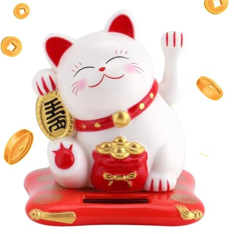 OKBYY Fortune Lucky Cat, Cute Solar Powered Waving Cat Good Luck Wealth Welcoming Cats with Waving Arms Chinese Eastern Fortune Maneki Neko Feng Shui Decoration Gift (White)