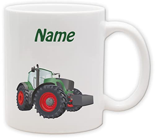 Texmacher Kindertasse - Becher mit personalisiertem Namen und Motiv - Spülmaschinenfest und beidseitig bedruckt (Trecker_Henkel&Innen_Weiss)