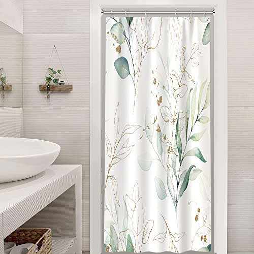 Uiiooazy Duschvorhang 90x180cm, Duschvorhang Schmal Eukalyptus Grüne Blätter Anti Schimmel Gold Aquarell Pflanzen Klein Duschvorhänge Wasserdicht Stoff Waschbar Bad Vorhang mit 6 Haken für Badezimmer