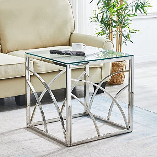 AINPECCA Beistelltisch aus Glas und Edelstahl, Moderner Glastisch für Wohnzimmer, Schlafzimmer und Küche, Couchtisch/Beistelltisch (silbern)