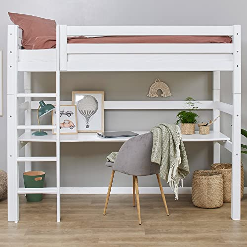 Hoppekids ECO Luxury Hochbett mit Schreibtisch | Kinderbett/Jugendbett 90x200 | Zum Einzelbett umbaubar | Weiß mit Leiter | Inklusive Lattenrost