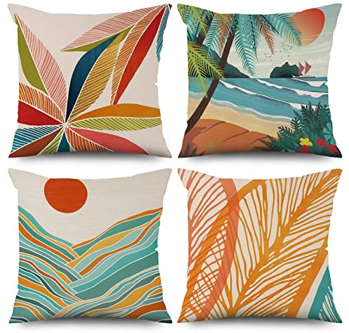 ASDCXZ Frühling Kissenbezug 40x40 cm 4er Set, Boho Abstrakt Blätter Sonne Beige Sofa Dekokissen Kissenbezüge Kissenhülle Waschbar Polyester Flachs Textil Outdoor Polster Kopfkissenbezug Kissen Bezug