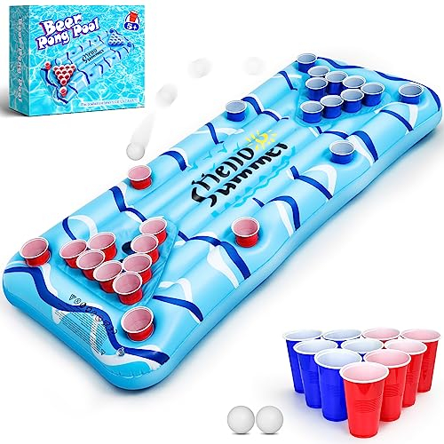 Popolic Pool Pong Game Aufblasbarer Pong Tisch Luftmatratze 175 x 75 cm Pool Matratze Inklusive 24 Kunststoffbechern und 2 Ping - Pong Bällen Cooles Sommer Party Sommerspiel