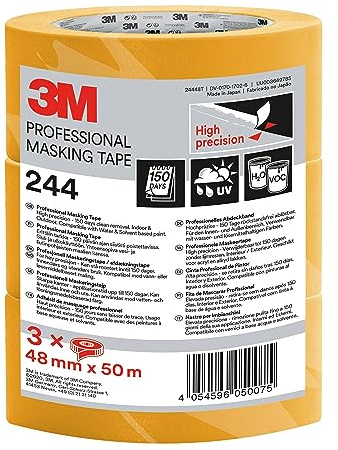 3M Ruban Adhesif de Masquage Professionnel, Haute Précision, Intérieur & Extérieur 48 mm x 50 m, 3 Rouleaux - Compatible avec des Peintures a base Aqueuse et Solvants