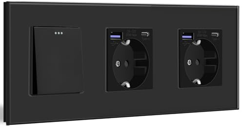 BSEED Lichtschalter mit Steckdose, Doppel Schuko Unterputz Steckdose mit USB C 20W Schnellladegerät USB Type C, 1 Fach 2 Weg Taste Schalter mit Glas Rahmen Geeignet für Phone, Pad-Schwarz