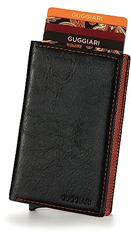 GUGGIARI® Kartenetui Aluminium RFID, Magnetverschluss - Black&Orange | Schlankes Aluminiumgehäuse, Pop-Up-Mechanismus, RFID-Schutz, Fach für AirTag/Münzfach, Magnetverschluss, italienisches Design