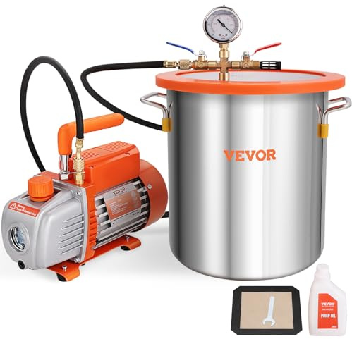 VEVOR Pompe à Vide 100 L/min avec Chambre à Vide 5 gallons 19 L Couvercle en Verre Trempé Pompe à Vide à Un Étage avec Bouteille d'Huile de 250 mL pour Stabilisation du Bois Dégazage Silicones Époxys