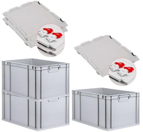 PROREGAL SuperSparSet 3x Eurobox NextGen Economy mit Scharnierdeckel & roten Verschlüssen | Griffe geschlossen | HxBxT 32x40x60cm | 65 Liter | Eurobehälter Transportbox Transportbehälter
