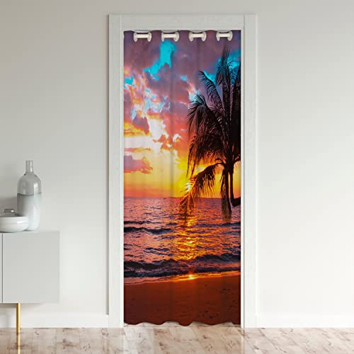 Loussiesd Ozean Strand Vorhang und Türvorhang 86x203cm Hawaiian Strand Palme Isolierter Wärmevorhang für Dekor Tropical Sea Sunset Vorhang Schrank Vorhang für Innentür Raumteiler
