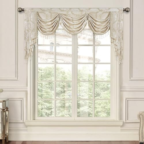 TOPLUXE Mantovana a Cascata per Finestre, Mantovana Damascata con Nappe, Tenda Corta Jacquard per Camera da Letto Soggiorno Cucina (Larghezza 200cm, Cachi Chiaro)