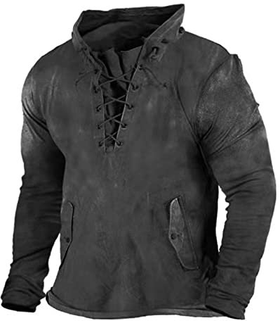FeiBeauty Polo Shirts MäNner T Shirt Jungs Poloshirt Herren Regular Fit Langarm Vintage Kordelzug Hoodie Mit Tasche Einfarbig SchnüRung Oversized Hemd Activewear FüR Herren (Schwarz, 3XL)