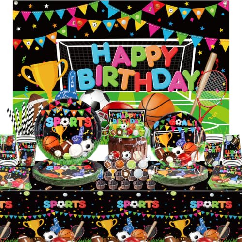 Decoraciones de fiesta de cumpleaños temática deportiva, incluyendo feliz cumpleaños telón de fondo, mantel, vajilla, fútbol baloncesto fútbol tema partido suministros, servir 20