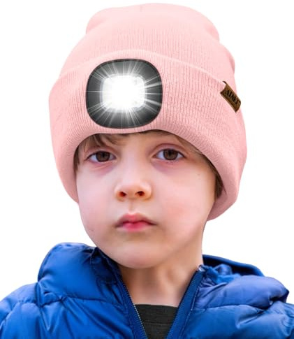 ATNKE Kids LED Beleuchtete Mütze mit Licht,Wiederaufladbare USB 4 LED Laufmütze Extrem Heller Lampe Winter Warme Stricken Mütze Großartig Geschenke für Jungen und Mädchen