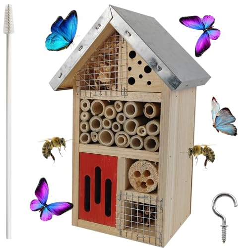 TIHOOD Natural Wooden Hanging Bee House for Gardens Natural Wooden Butterfly Hotel for Bee, Butterfly, Ladybirds, Habitat, Bee Hotel Garden