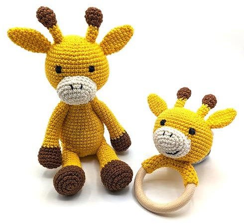Geschenk zur Geburt | Rassel und Giraffe Kuscheltier | Geschenke zur Geburt | Babyparty | Baby Geschenke | Giraffe gehäkelt