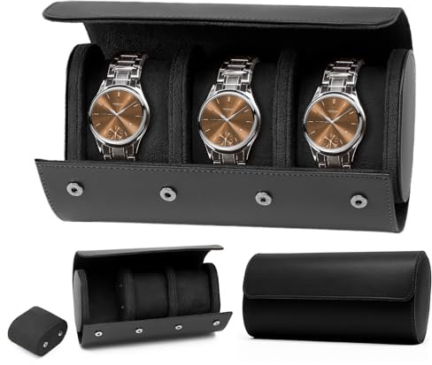 KoGiio Uhrenbox,Wasserdichte Retro-Uhrenaufbewahrungsbox,Uhrenkoffer mit Herausnehmbaren PU Lederuhrenhalter Uhrenkissen, Tragbare Reiseetui Uhrenschatulle, Samtfutter,Uhrenrolle - 3 Slot - Schwarz