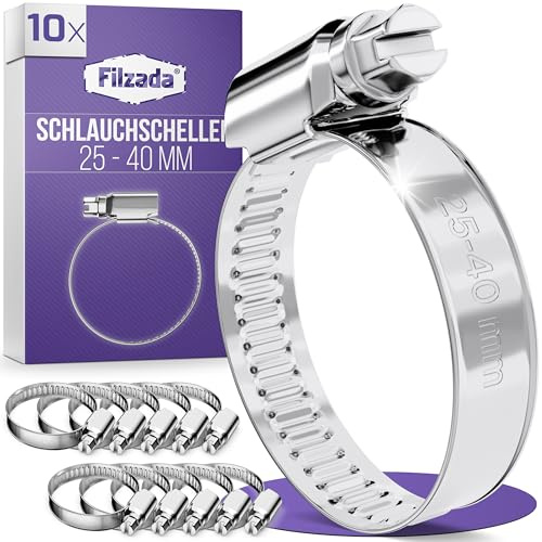 Filzada® 10x Schlauchschellen Edelstahl 25-40mm - Schlauchklemme rostfrei | Schraubschelle für Pool, Waschmaschine, Gartenschlauch - Schellen Set punktgeschweißt - hohe Bandzugkraft - Schlauchklemmen