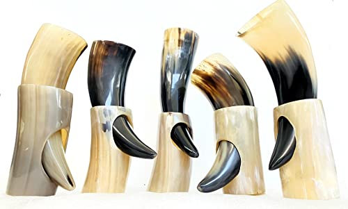 5 vasos vikingos de cuerno para beber de 9 a 15 pulgadas, regalo vikingo para hombres, 100 % natural nórdico de 10 a 14 onzas, taza de cerveza de vino con soporte (XL (12-15 pulgadas)