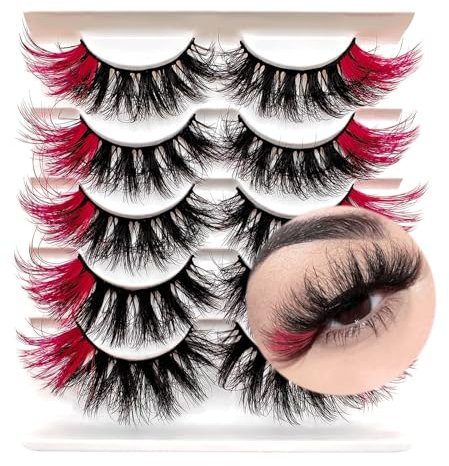 Lot de 5P - Faux cils artificiels 3D - Œil de chat avec couleur - Faux-cils moelleux moelleux et moelleux - Pour Noël, cosplay, costumes, jours festifs (5P-rouge)