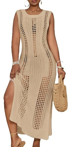 Bsubseach Crochet Beach Cover Ups for Women Sleeveless Swimsuit Coverups Hollow Out Summer Knit Bikini Beachwear Apricot M