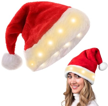 DASIAUTOEM Weihnachtsmütze, LED Nikolausmütze, Plüschseite Leuchtendem Weihnachtsmann Mütz Santa Hat, Weihnachtsmütze Erwachsene mit Bommel für Weihnachten Neujahr Feiertagsparty (Warmlicht)