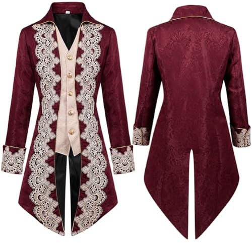 EFOGEP Herren Vintage Frack: Halloween Steampunk Jacke Viktorianisch Uniform Renaissance Kutte Mantel Langarm Smoking Umlegekragen Stickerei Spitze Mittelalterlich Piraten Kost�m Rote Spitze XXXL