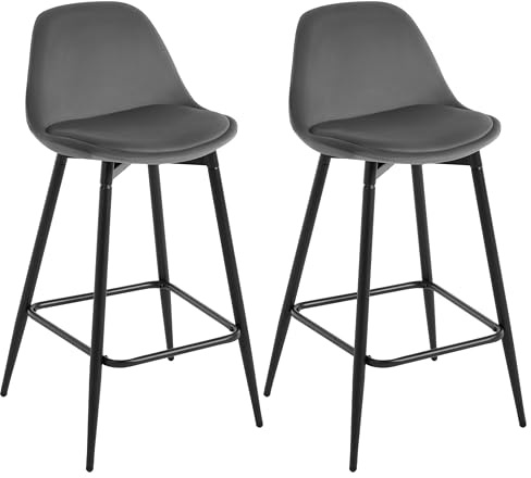 Klihome Lot de 2 Tabourets Bar, Tabourets de Bar pour Petit-Déjeuner, Tabourets de Cuisine avec Dossier, Siège Rembourré en Velours et Cadre en Métal avec Repose-Pieds, Gris foncé, K0005BH-2