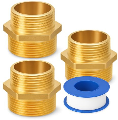 PipeSan Reduziernippel 1/2 auf 3/4 Zoll Messing – 3er Set – Adapter Doppelnippel, Sechskant, beidseitiges Außengewinde G – PN16 – inkl. PTFE-Band – für Wasser, Gas, Öl & Trinkwasser | Gewindeadapter