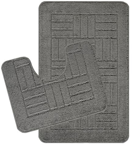 Livabliss Bath Mat Set - Bathroom Mats Sets 2 Piece, Washable Non Slip Bath and Toilet Mat Set - Bathroom Accessories with Absorbent Bathmat Rug, Shower and Co-ordinating Pedestal Carpet, Grey