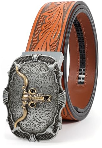 Beltroad herr spärrhake western bälte läder cowboybälten för män med automatiskt västernspänne bälte för jeans julklappar, Koppar Tjurbrun (38 mm), for Wasit 34-39