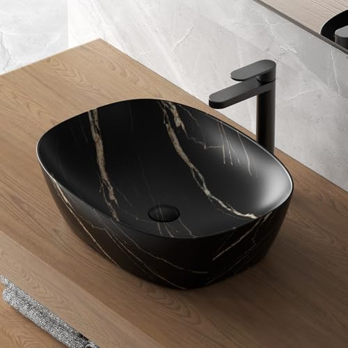 Lavabo Da Appoggio Ovale 50x38 Cm Dal Design Moderno In Ceramica Dall’Effetto Marmorizzato Nero Linea Tokyo
