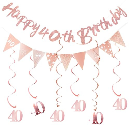 ALEGRE Deko 40 Geburtstag Frau,Girlande 40 Geburtstag Deko Spirale Set,Luftschlangen 40 Geburtstage Frauen Deko,Banner 40. Geburtstage, Spiralen Geburtstagsdeko 40 Jahre,40er Geburtstags Deko Roségold