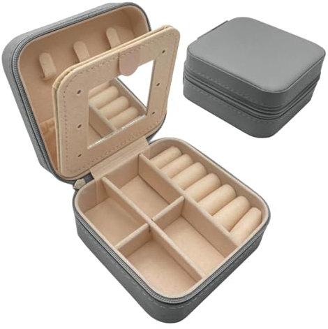 igadgitz Home U7286 Mini Joyero Portátil de Viaje con Espejo, Pequeño Organizador de Joyas - Gris