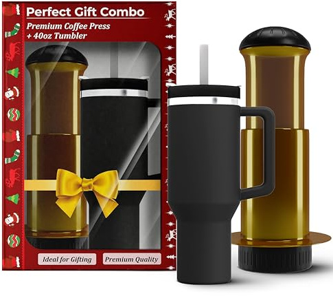 UR CHOICE French Press Coffee Maker & Insulated Tumbler Combo Set, Portable Coffee Press with 40 oz Travel Mug for Hot & Cold Drinks | Gift Set for Coffee Lovers, Home, Office & Travel (BLACK CUP)