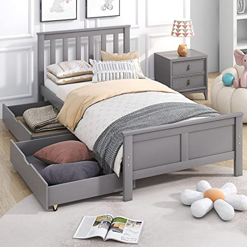Einzelbettgestell aus Massivholz mit 2 Schubladen, Kopfteil und Fußteil, Stauraumbett für Schlafzimmer, Wohnzimmer, grau, ideal für Erwachsene, Kinder, Jugendliche, 91 cm, Einzelbettgestell
