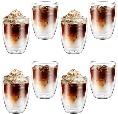 Oungy 8 Stück Latte Macchiato Gläser Doppelwandig, 350ml Thermogläser Doppelwandige Kaffeegläser Doppelwandig, Cappuccino Gläser Doppelwandige aus Borosilikatglas, für Eis, Iced Americano, Milch, Saft