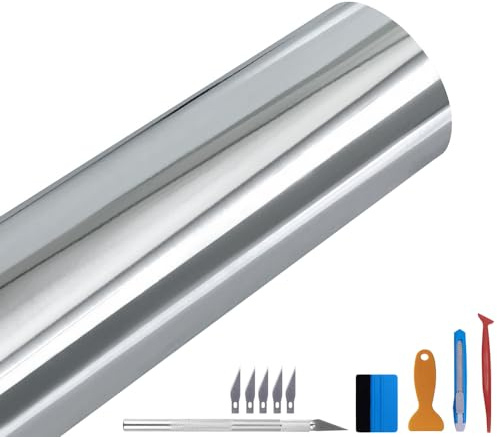 NewL glänzende Chrom-SilberVinylfolie 100 x 300 cm,Selbstklebend | Chrom-Oberfläche, inkl. Montagewerkzeug, hohe Dehnbarkeit, außengeeignet, rückstandsfrei haftend, für Autos und Motorräder