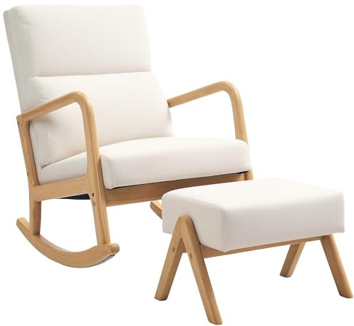 HOMCOM Schaukelstuhl mit Hocker Schaukelsessel Schwingsessel mit Leinenoptik Polstersessel Sessel für Wohnzimmer, Schlafzimmer, Cremeweiß