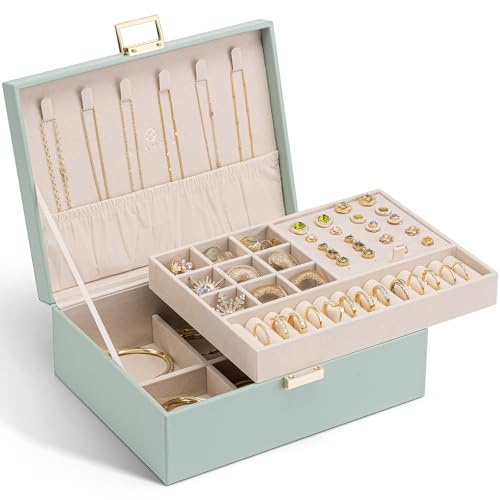 Vlando Schmuckkästchen 2 Ebenen, Schmuckaufbewahrung Box Groß, Schmuckkasten für Damen Mädchen, Abnehmbares Schmucktablett für Ringe, Ohrringe, Halsketten, Geschenk für Frauen, Hellgrün