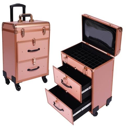 DAOHHFO Valise cosmétique à roulettes avec tiroir, Valise professionnelle à roulettes pour maquillage et ongles, Grande valise à maquillage verrouillable pour femme avec roues pour voyage