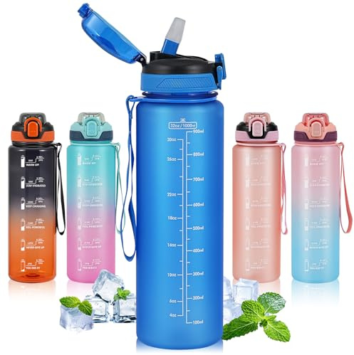 SEASEVEN Sports 1L Water Bottle with Straw for Gym,Office(Blue) | Drinks Bottle,1 Litre Water Bottles with Time Markings,Girls Boys Waterbottle Leak-Proof & Bpa-Free for Outdoor