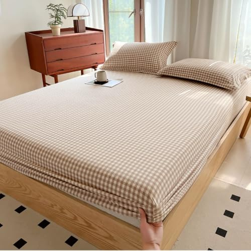 LifeTB Tan Gingham Fitted Sheet King 100% Washed Cotton Taupe Plaid King Bed Sheet Grid Single Bottom Sheet with 15 Deep Pocket Gingham Bedding Grid Sheet 1 Piece Cotton Breathable Mattress Cover